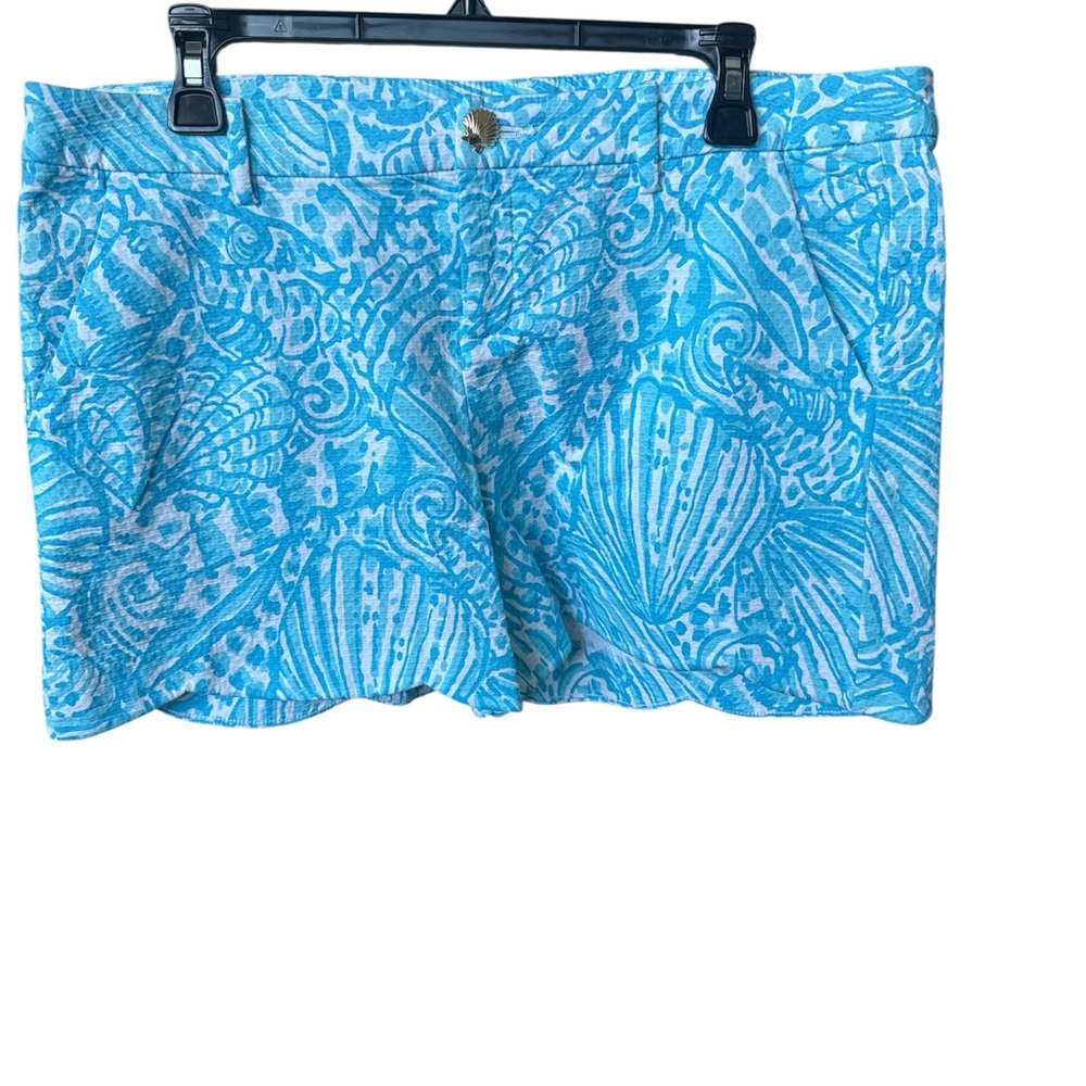 Lily Pulitzer Succulent Blue Palmita Stretch Cotton Shorts Scallop Hem Sz 14